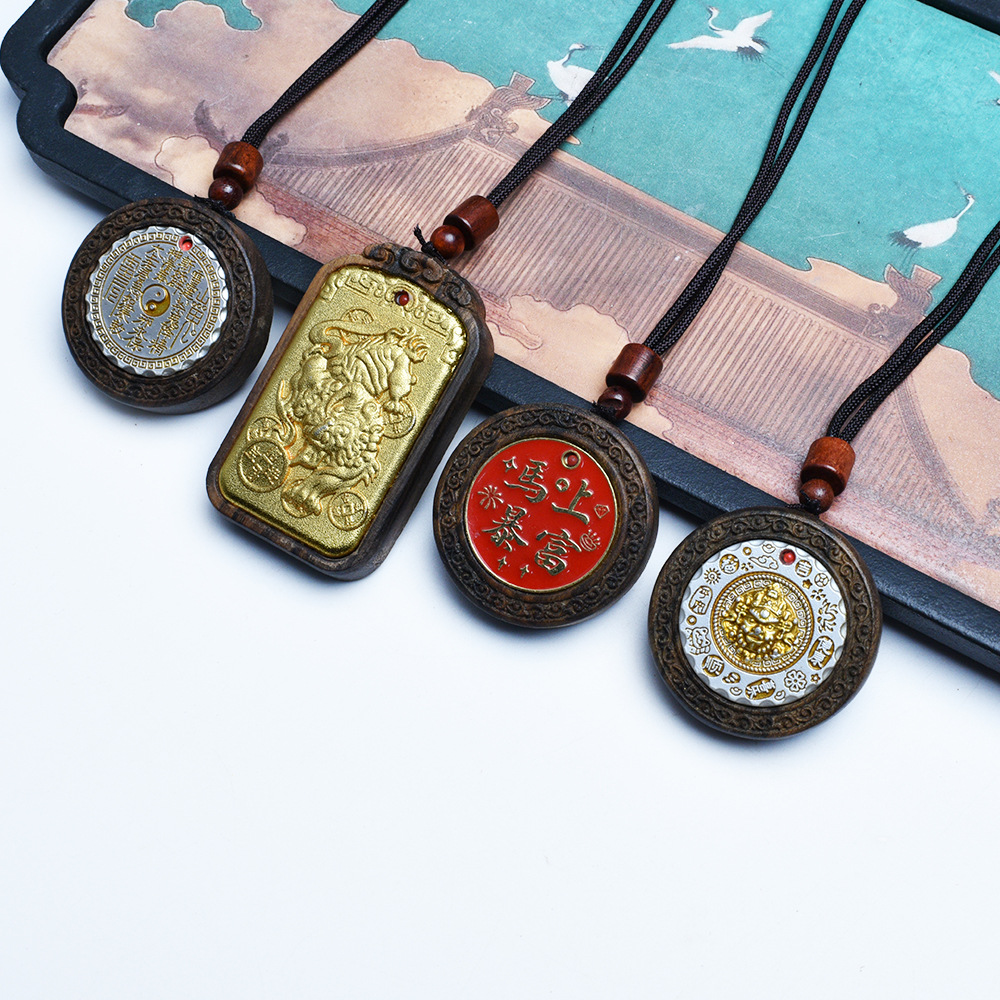 Vintage Carved Peace Round Pendant Necklace with Metal Braided Cord Xizang Style Unisex Clavicle Chain