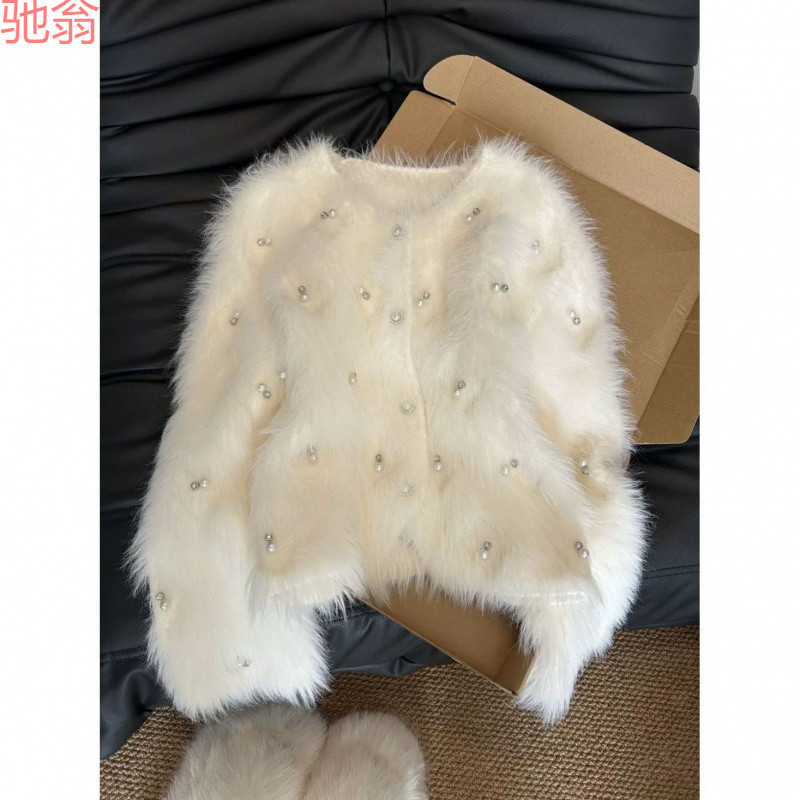 W9Q New European High-end Women's Imitation Mink Velvet Knitted Cardigan Jacket Top Soft Waxy Beaded Heavy Industry Sweater