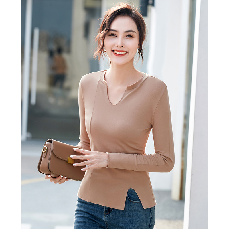 Big Sale Early Autumn Bottoming Shirt Water Drop Collar Slim Fit Cotton Women's Top Open Corner Fork K-Style Comfortable 101-1