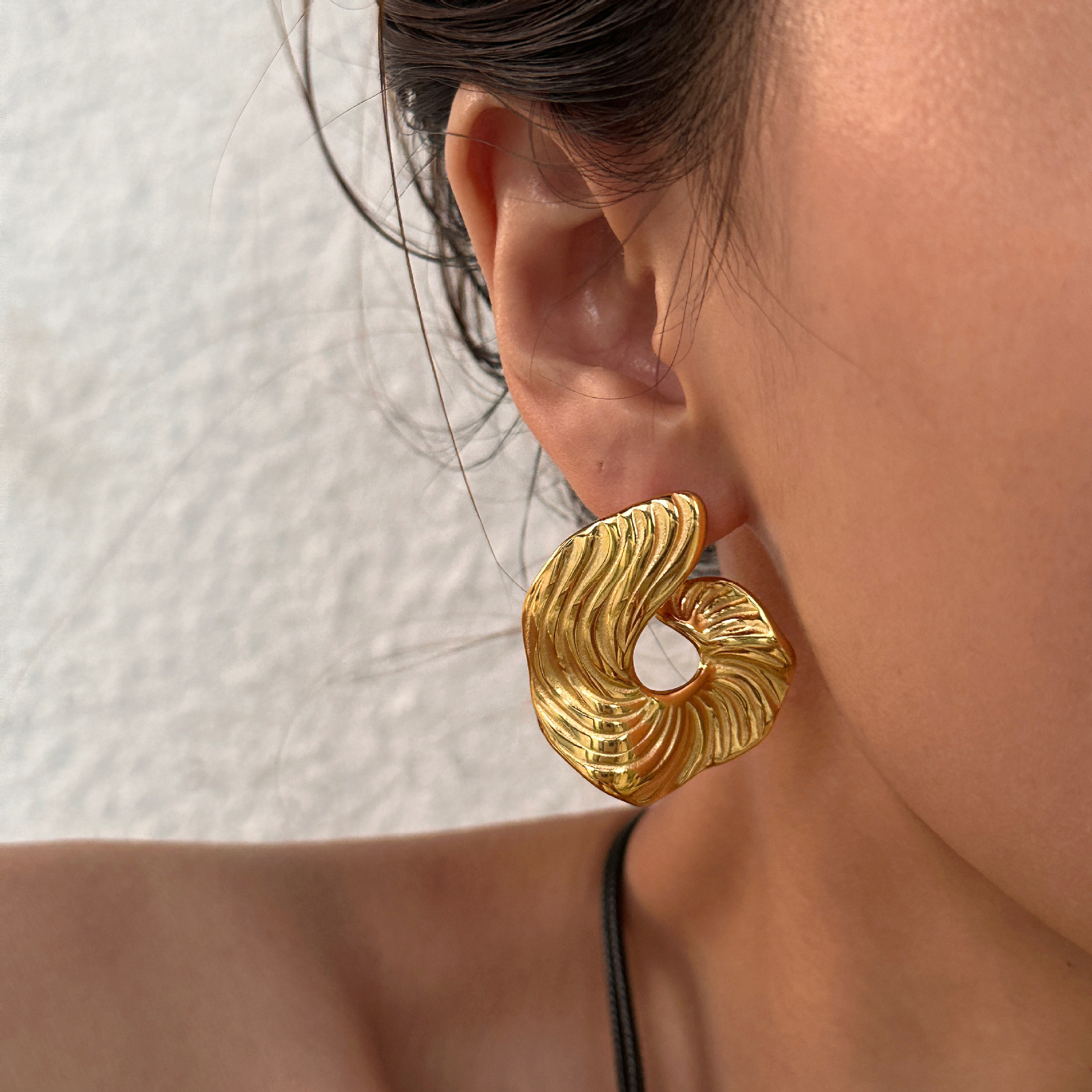 Dazan Old Money Style Earrings European and American Cross-Border Fashionable Ins Retro Titanium Steel Polished Design Fan-Shaped Gold and Silver Earrings