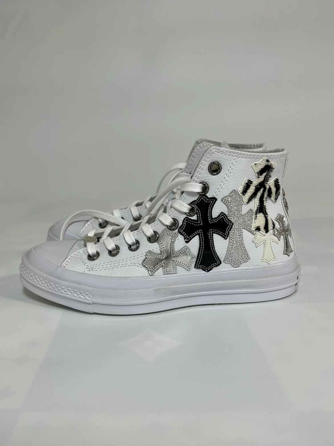 Remake Custom Cross-Stitch Leather Eyelet Buckle White Leather High-Top Shoes Versatile and Comfortable Unisex Style