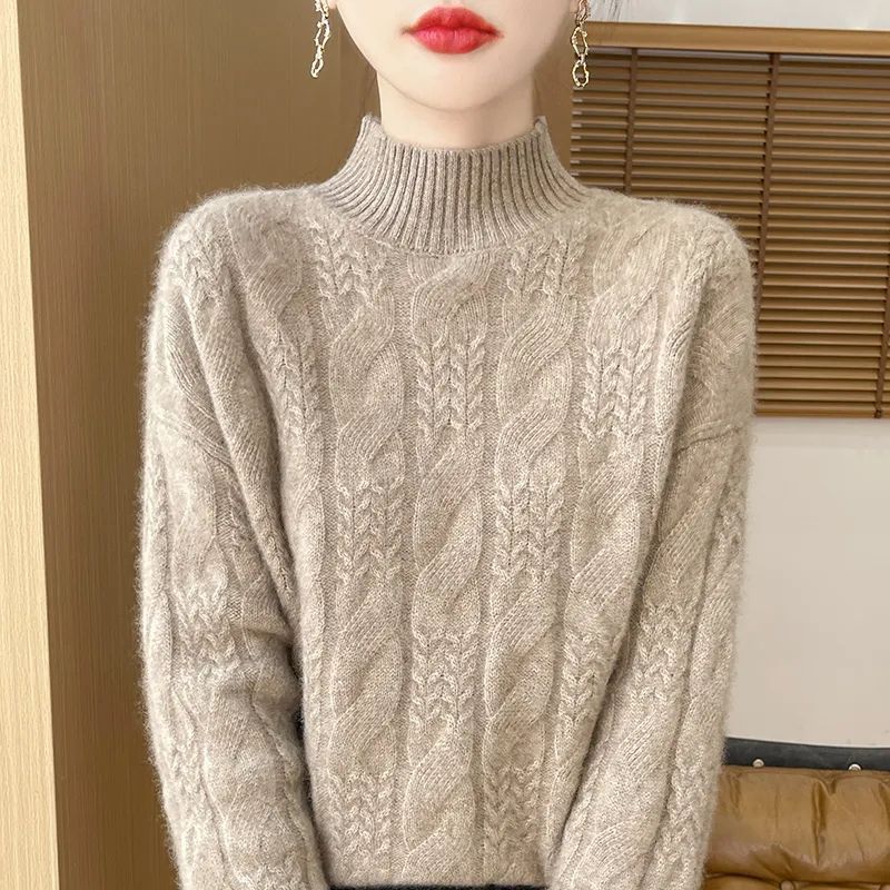 Autumn and Winter New Solid Color Half Turtleneck Sweater for Women, Warm and Fashionable Twisted Pullover, Knitted Base Shirt Top Trendy
