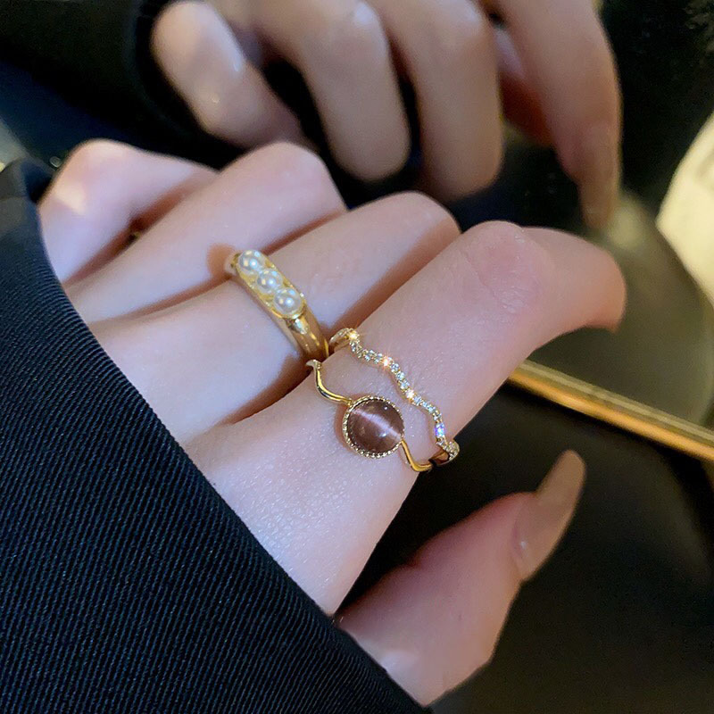 Real gold electroplated zircon cat's eye double-layer open ring Hong Kong style retro elegant temperament finger ring jewelry wholesale