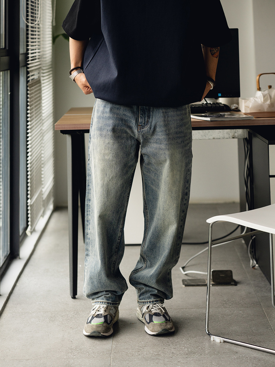 Trs Denim Series | Red-Edged Denim Loose Fit Deep Rise Heavy Wash Slightly Tapered Straight Basic Men's Jeans