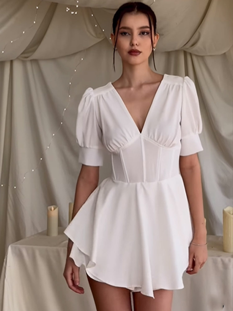 Aliexpress Hot Sale 2026 New Foreign Trade Women's Fashion Solid Color Slimming Casual Short Sleeve V-Neck Mini Waist-Cinching Dress