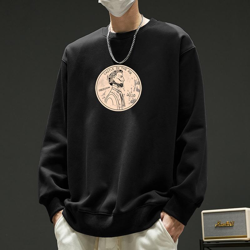 Crewneck Sweater Men's Autumn and Winter New fleece-lined Loose Base Shirt Men's Long-sleeved T-shirt Hoodless Top