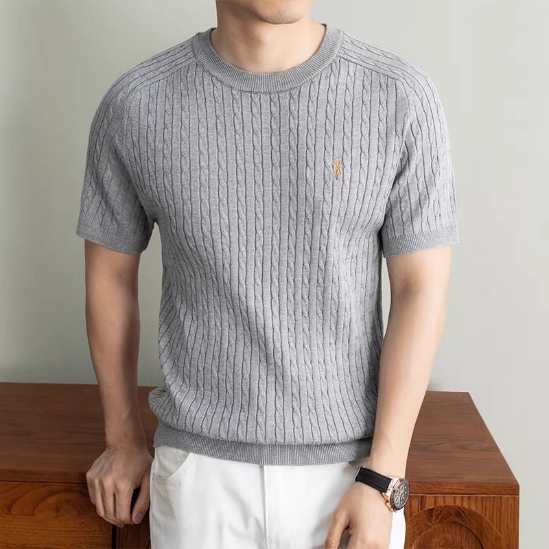 Embroidered Pony Logo Men's Old Money Style Knitwear Spring New Short-Sleeve T-Shirt with Twisted Rope Design, High-End Versatile Top