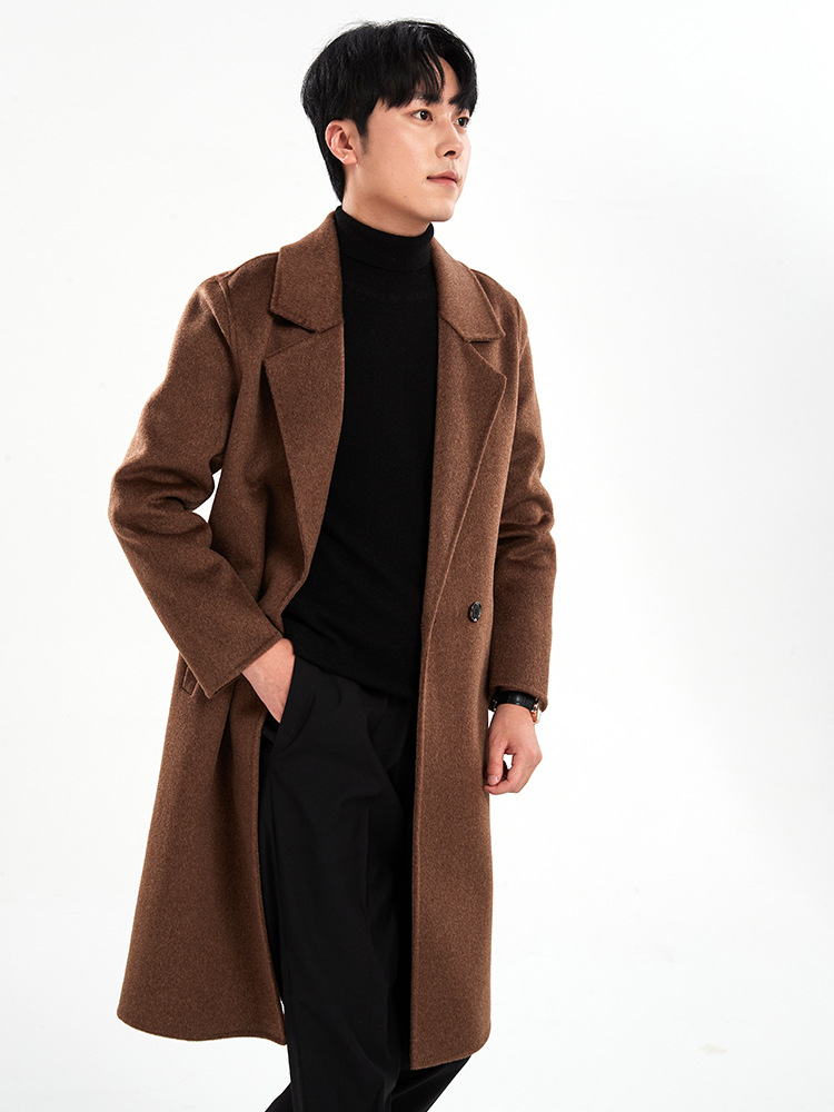 Winter Mid-length Double-sided Cashmere Coat Men's Double-breasted Clothing Collar Pure Wool Woolen Off-knee Business Coat