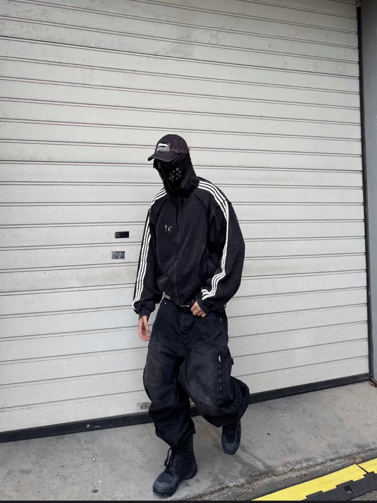 【Gali Same Style】Ceiling Thug Club Collaboration Patchwork Washed Hoodie with Face Cover Pullover Sweatshirt