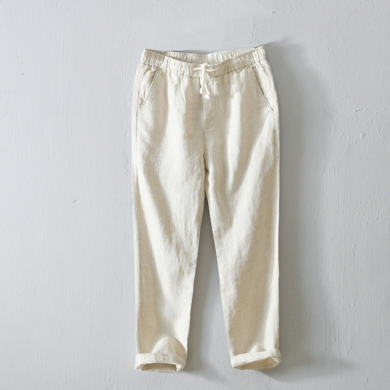 8104 spring and summer simple solid color straight pants men's tether casual pants linen breathable pants men's a generation of hair
