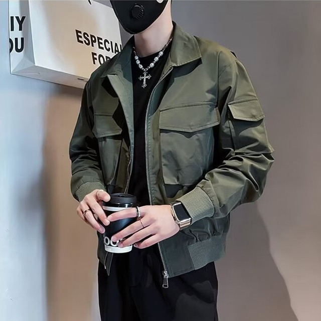 Military Green Workwear Jacket Men's Trendy Brand Spring and Autumn New Multi-pocket Laps Aviator Jacket Spring New Gown