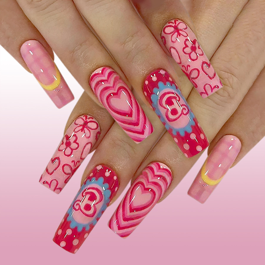 Long Ballet-Style Glossy Nails in Rose Red with Heart Flowers and Butterfly Plaid Design, Sweet and Stylish Press-On Nails, 24 Pieces