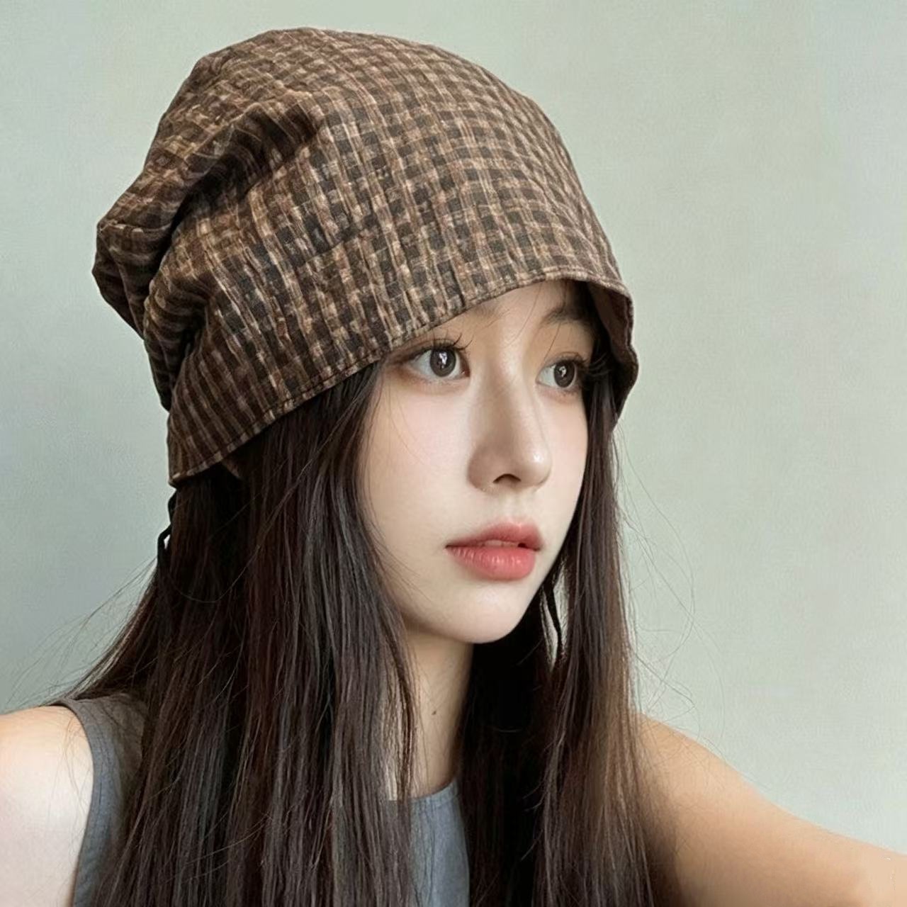New Vintage Plaid Beanie Hat for Women, Summer Thin Style, Wasteland Style, American Street Style, Reversible Slouchy Beanie