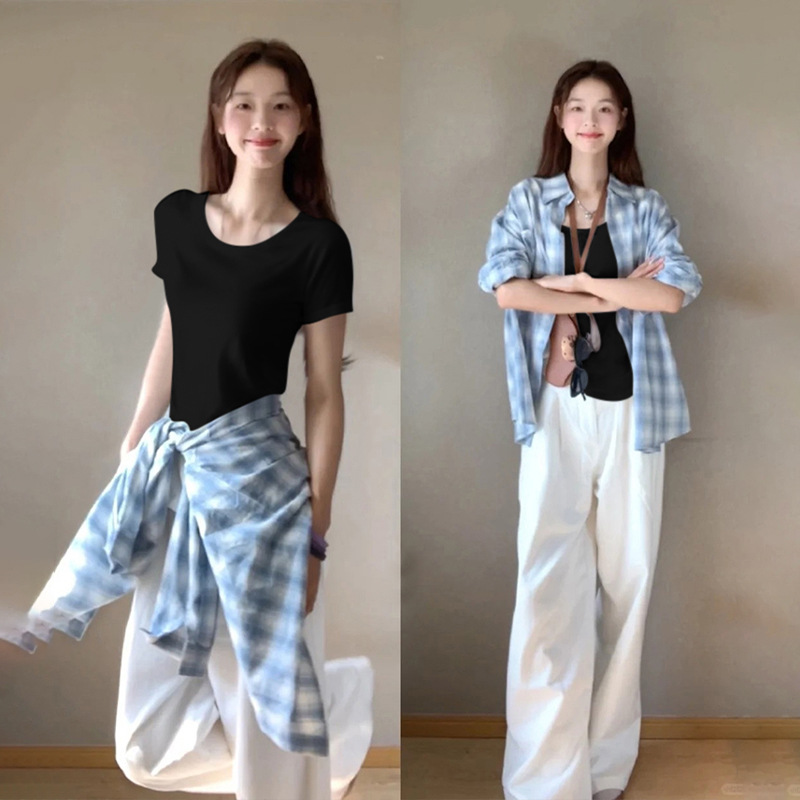 Gray Round-Neck Pure Cotton Short-Sleeve Women's Summer Top 2026 New Slim Fit Tight-Fitting Regular Shoulder Base Layer Short T-Shirt