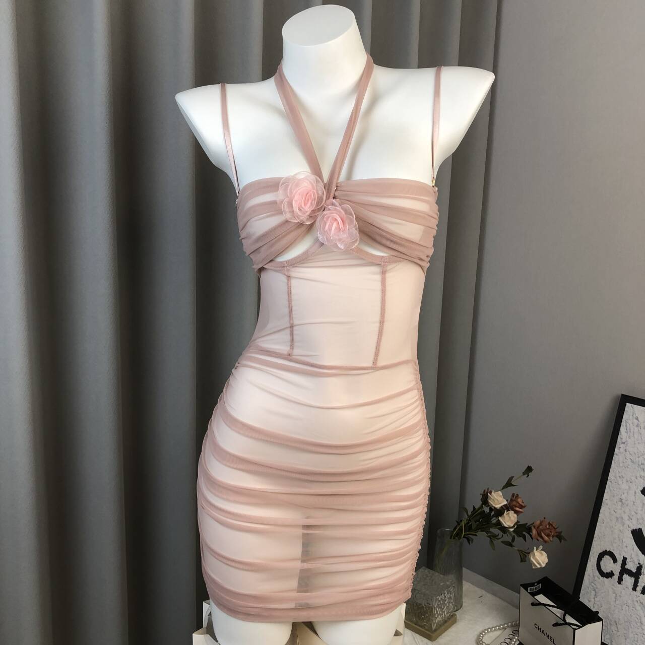 Sexy Lingerie Pure Desire Halter Neck Floral Dress Women's Ruched Waist-Cinching Mature Sexy Bodycon Dress Custom 8144