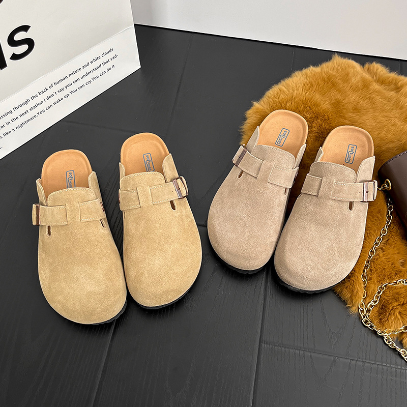 Boken shoes warm feet genuine leather Boken shoes women's slip-on warm furry slippers women's outer wear closed toe half slippers