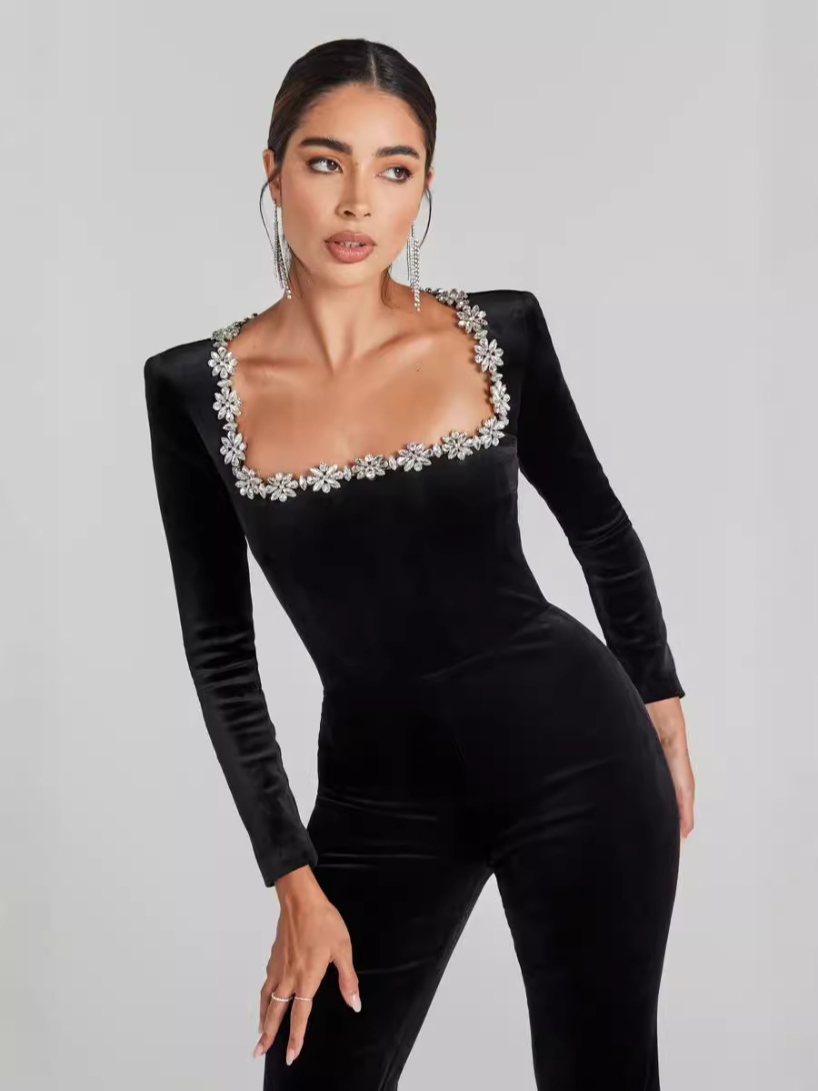 2025 Cross-Border Amazon Jumpsuit Autum Diamond Square Collar Long-Sleeved Flared Jumpsuit for Women High-End and Accessible Luxury