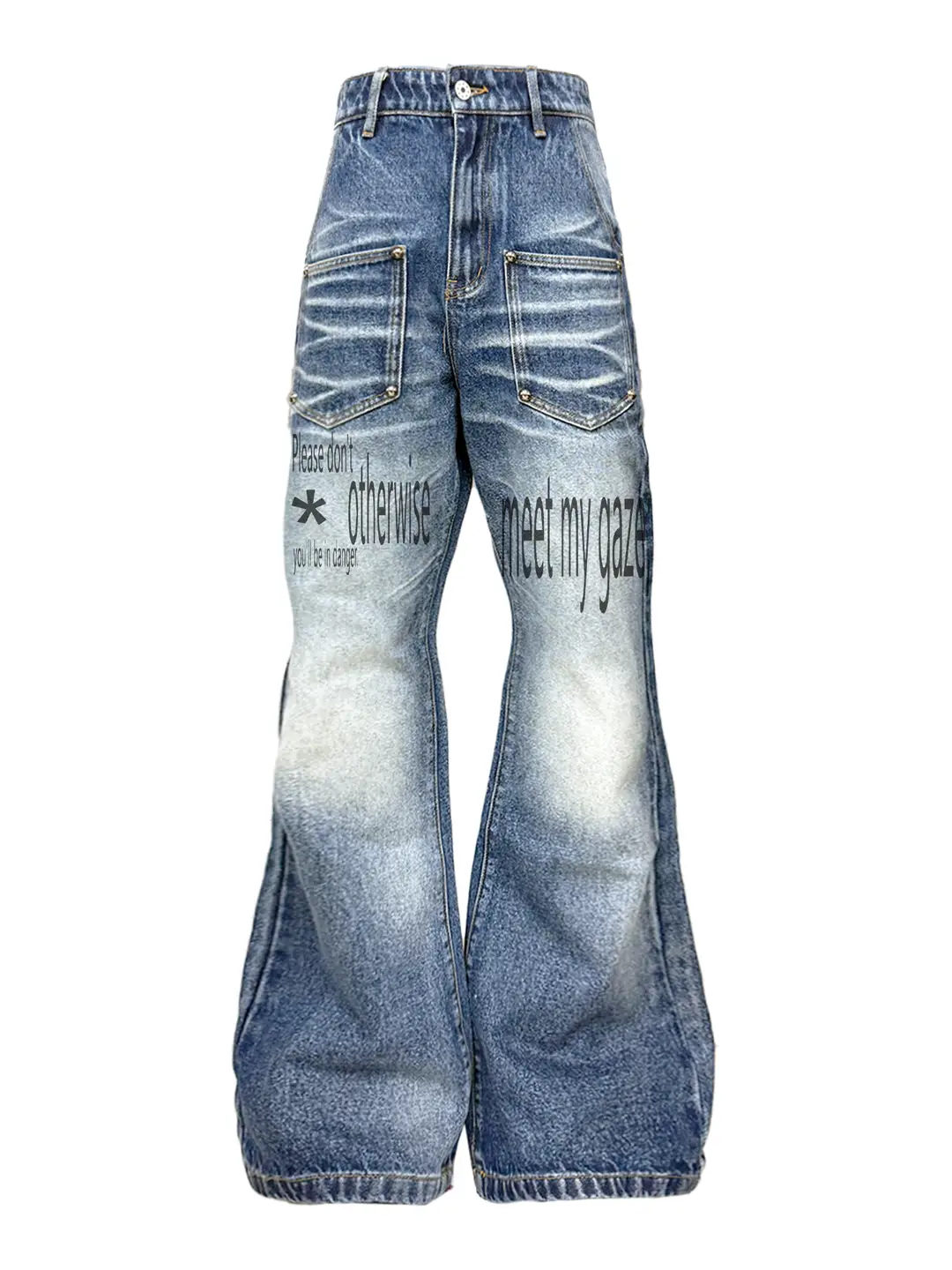 Detw 25Aw* Original Retro Niche Slogan Washed Blue Denim Whiskered Flared Rivet Versatile Jeans for Men and Women