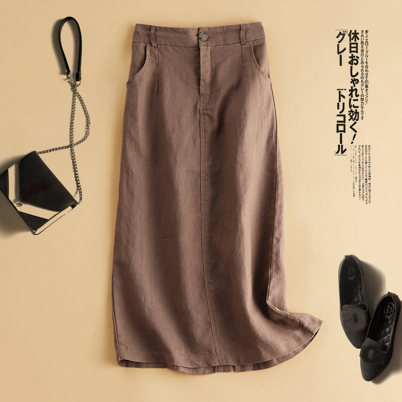 All-Match Simple Solid Color Cotton and Linen Skirt Mori Style Artistic Retro Mid-Length Cotton and Linen A- Line Skirt Loose Casual Skirt