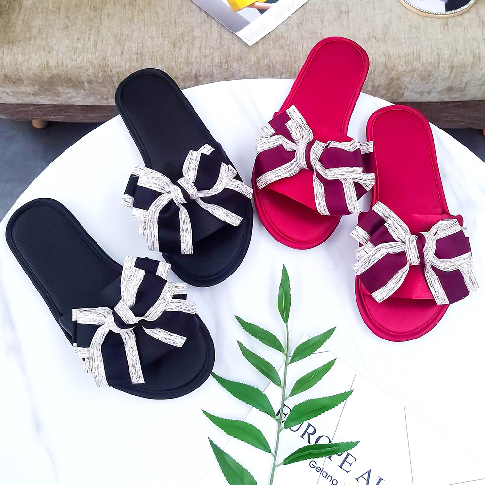 New Korean-style Satin Bow Flat Heel Internet Celebrity Slippers Women's Fashionable Outer Wear Soft Bottom Non-slip Home Sandals