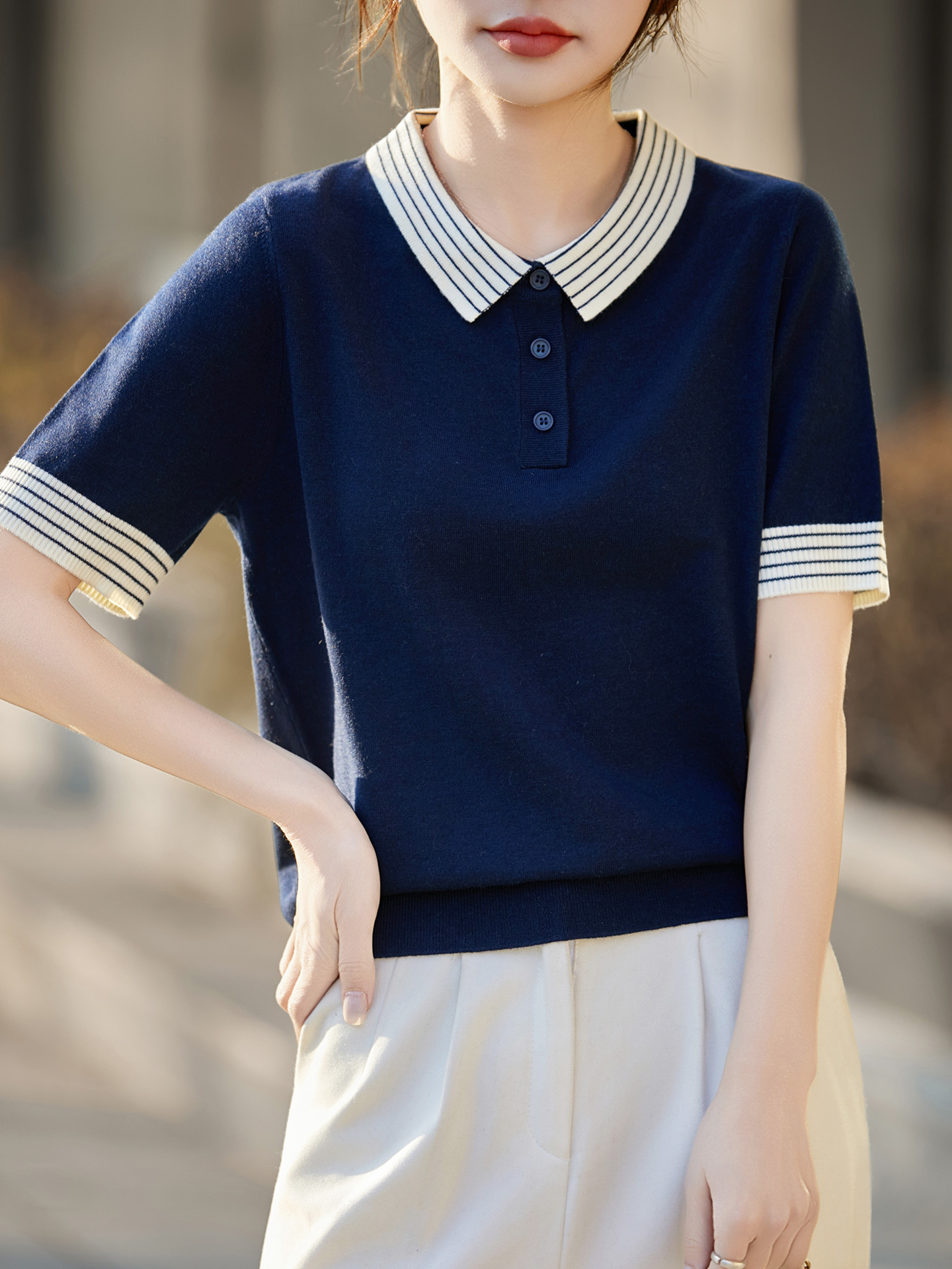 2026 Spring and Autumn New Fine Wool Cashmere Polo Collar Knit Sweater Short Sleeve Color Block Loose Fit Base Shirt Top