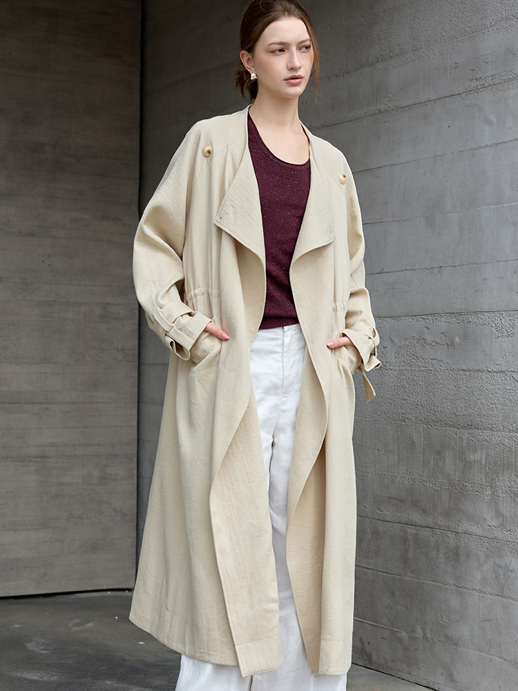 Linen Long Trench Coat for Women, Stylish and Elegant, 2026 Spring and Autumn Season, with a Turn-Down Collar, Suitable for Commuting, Made of Cotton and Linen