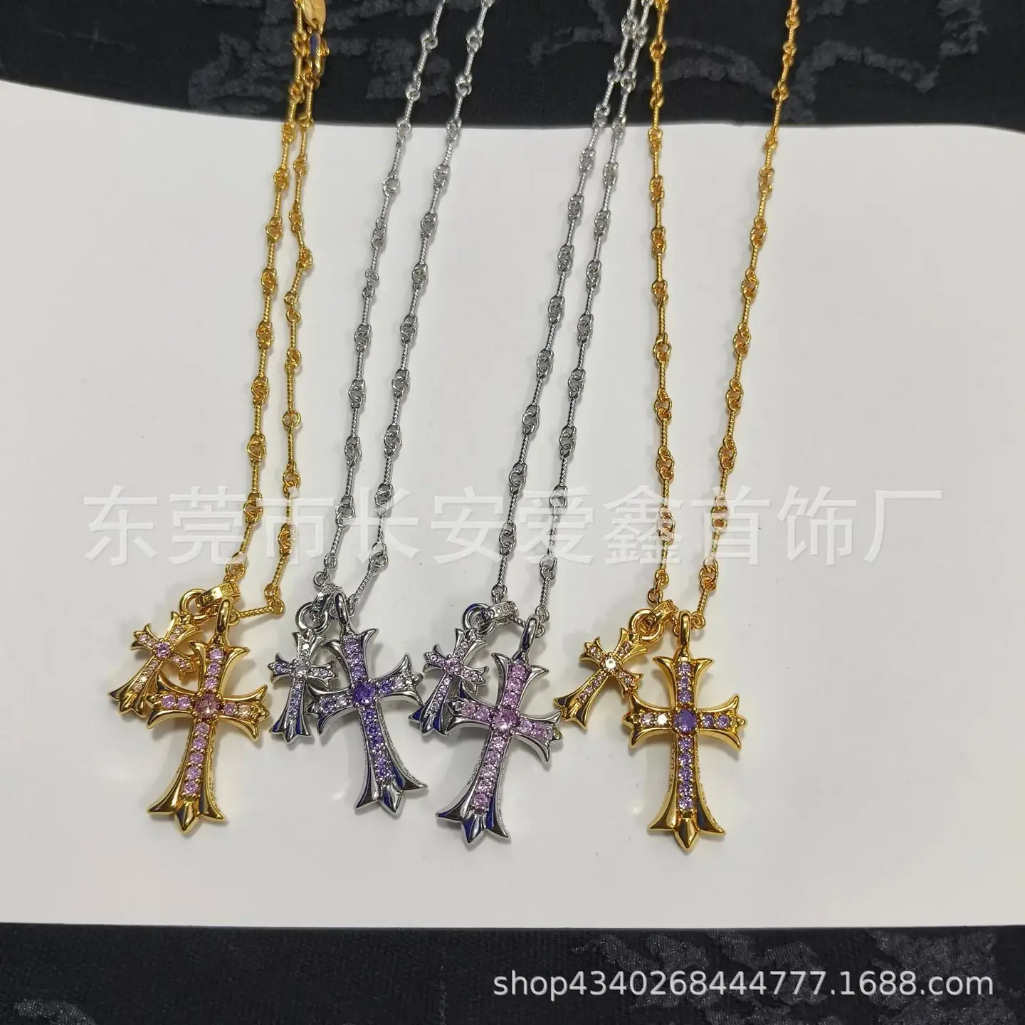 New Arrival Full Diamond Pink Double Cross Necklace Purple Diamond Pendant Couples Woolen Chain Jewelry Niche Spice Girls