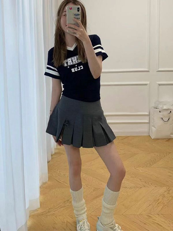 [Clearout No Returns or Exchanges] College Style Pleated Slit Miniskirt Sweet Jk Bow Mini Age-Reducing Pleated Skirt