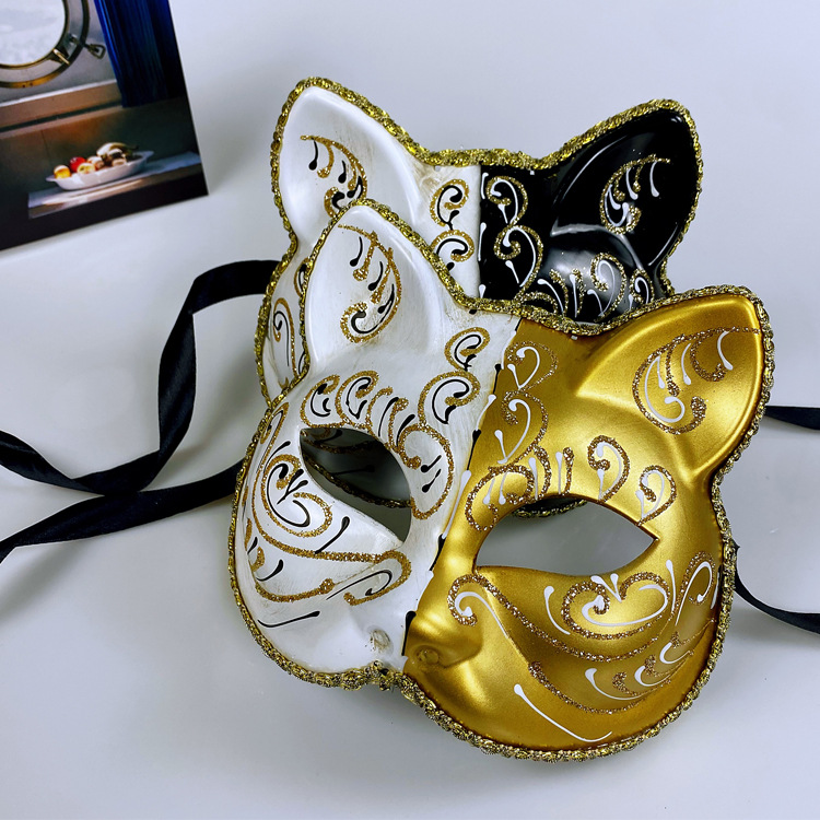 Douyin Funny Halloween Mask Props Masquerade Half Face Eye Mask Yin and Yang Cat Face Two-Color Painted Adult