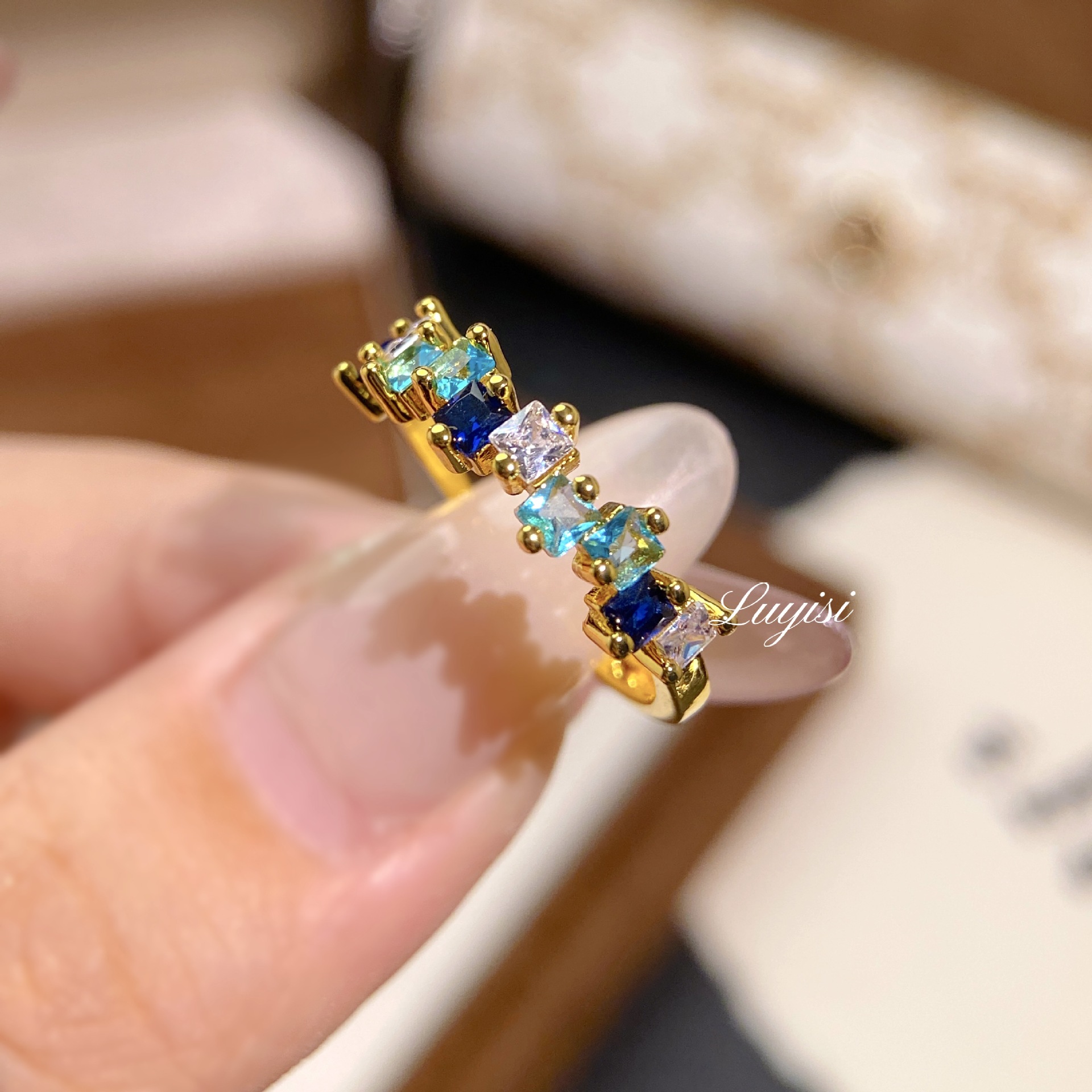 Candy Style Soft Blue Ring Rainbow Series 18K Gold Plating with Color Sapphire Women's Light Luxury Row Ring Tail Ring