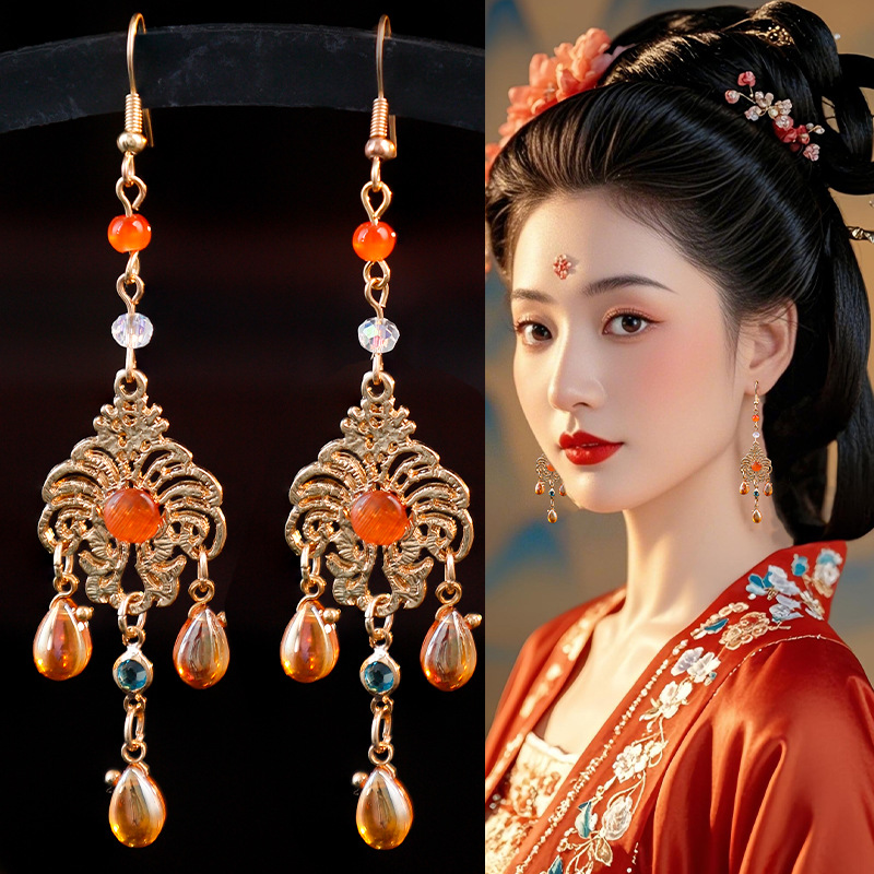 Ancient Style Tassel Classical New Chinese Style Earrings for Women, Cool Red Earrings, Ancient Style Cheongsam, Horse Face Skirt Earrings