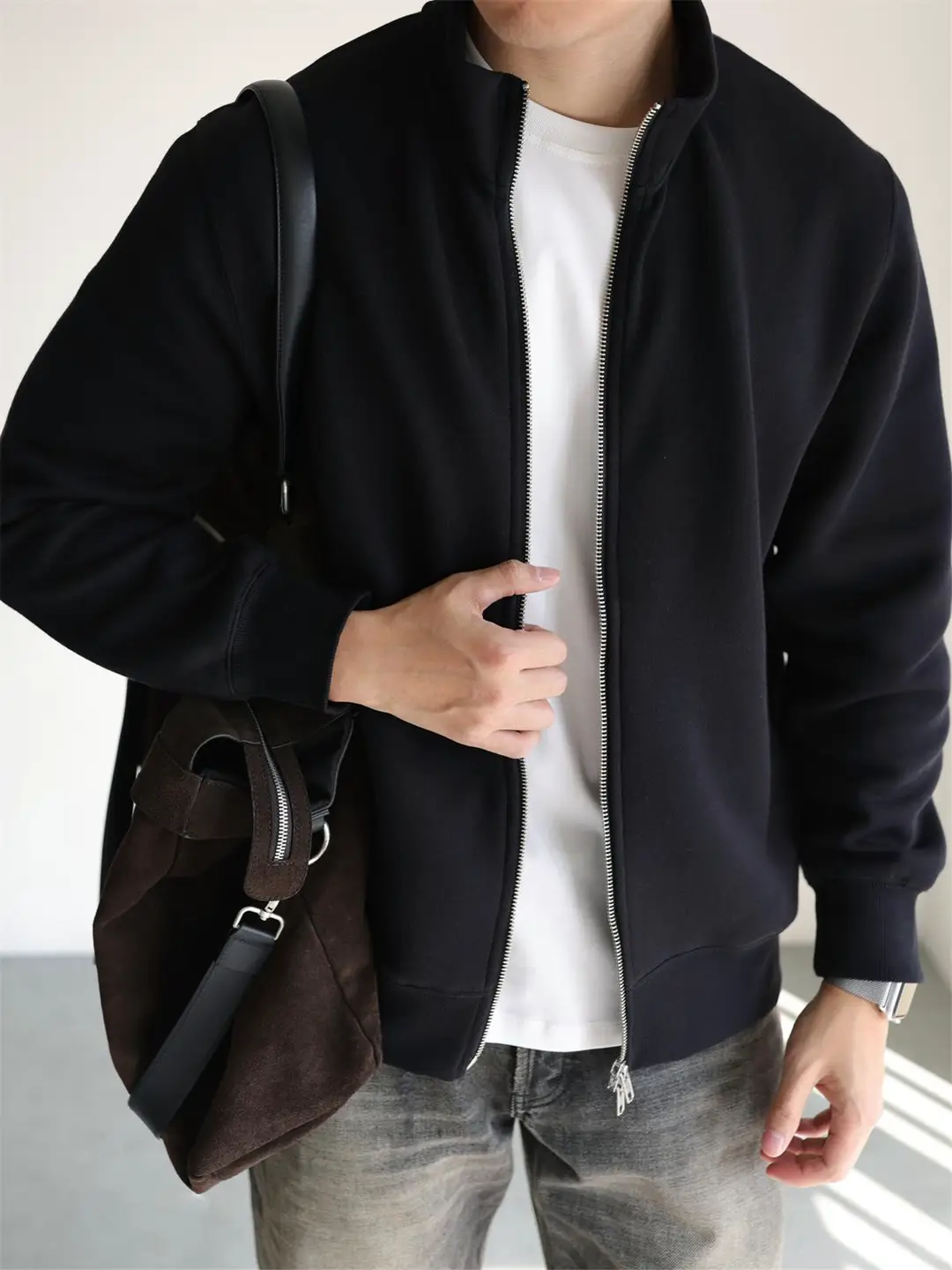 Yuxian Long-Staple Cotton Air Sense Japanese Style Stand Collar Zipper Sweater Long Sleeve Anti-Wrinkle Sports Outwear Casual Business Men
