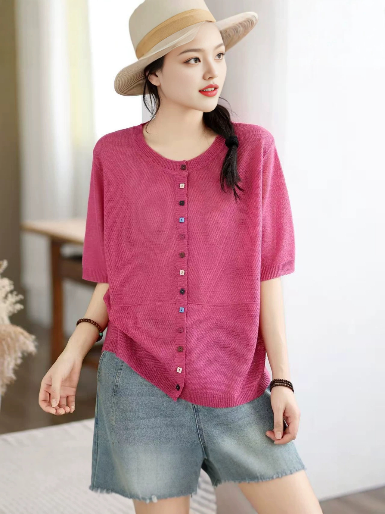 26 Summer Style Knitted Sweater for Women, Half-Sleeved, Colorful Buttons, Thin, Skin-Friendly Cardigan, Short-Sleeved, Loose, Casual, Preppy Style Knitted Sweater