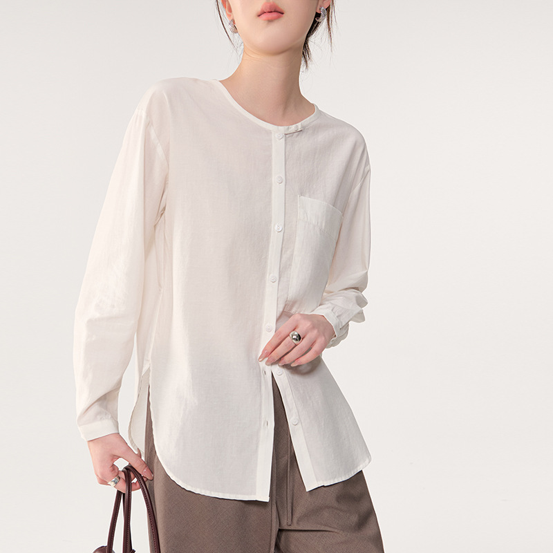 Spring and Summer New Style Lyocell Tencel Linen Hong Kong Style Round Neck Long-Sleeved Shirt Simple Casual Versatile Shirt for Women