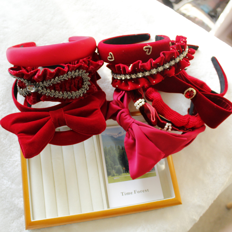 Christmas red vintage flocking headband for women 2023 new high-grade headband autumn and winter hair bundle headdress wholesale