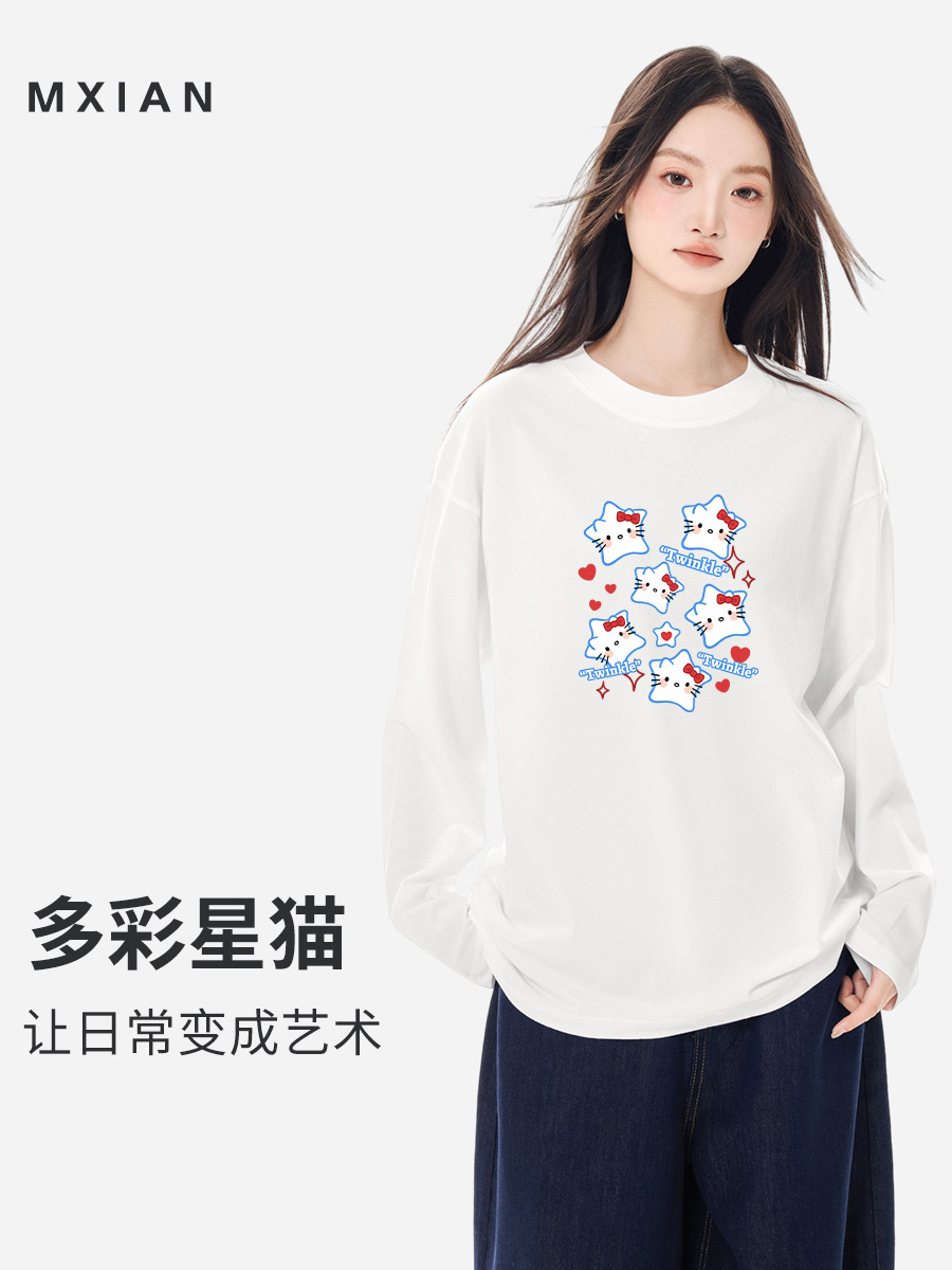Pure Cotton Hello Kitty Long-Sleeve T-Shirt for Women, New Trendy Loose-Fitting Slimming Printed Base Shirt for Spring and Autumn