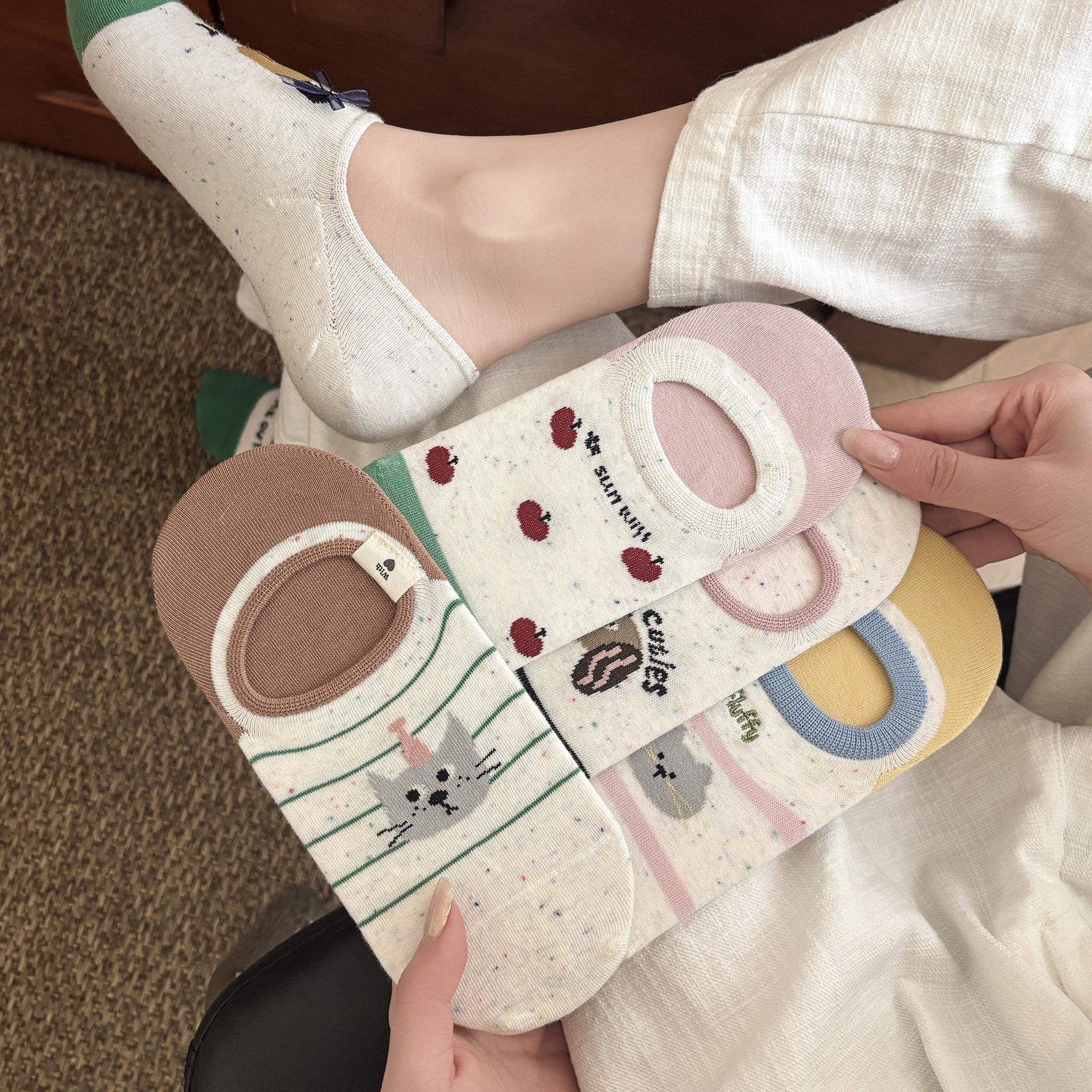 Women's Socks That Don'T Slip Off, Breathable Boat Socks, Thin Invisible Socks for Spring and Summer, Cartoon Bear Pattern, Seamless Short Socks
