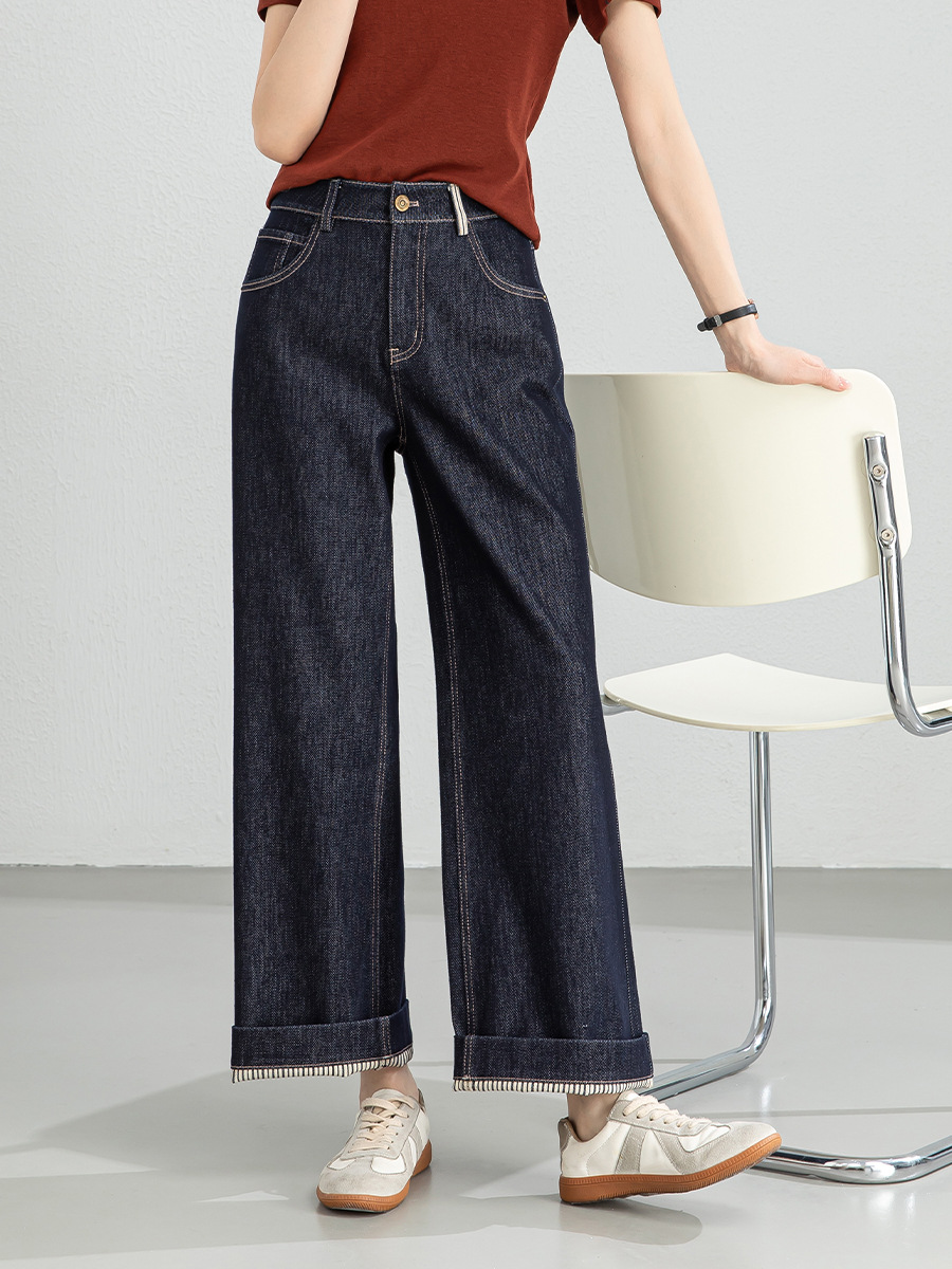 Xingge Denim Blue Draped Straight Wide-Leg Jeans for Women, New Spring and Autumn High-Waisted Loose Fit Cropped Pants for Petite Sizes