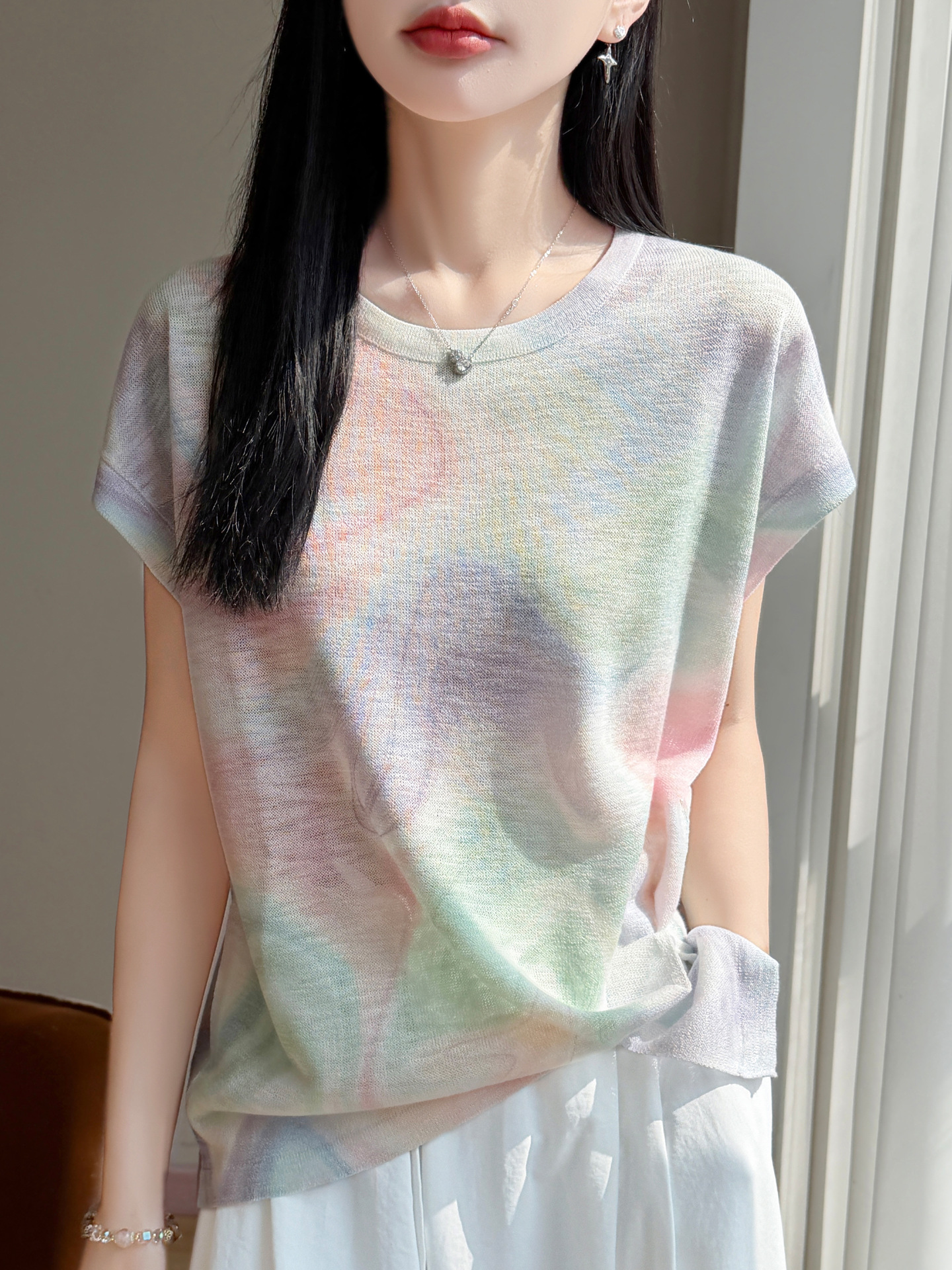 Ice Silk Printed Flutter Sleeve T-Shirt for Women, Summer 2026, Thin French Design, Niche Breathable Short-Sleeve T-Shirt, New