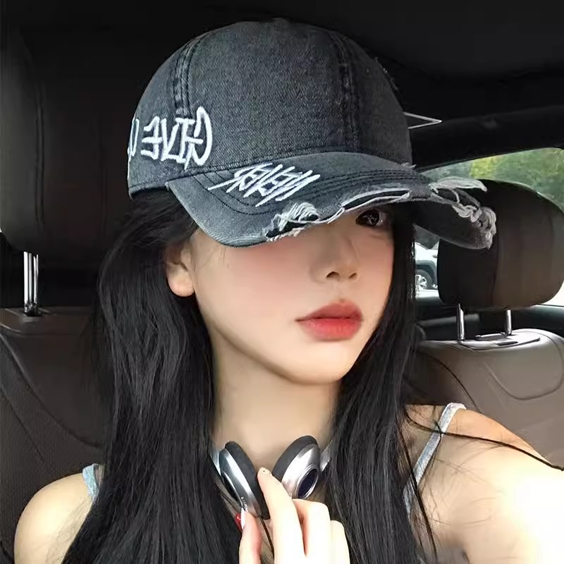 American-style Washed Old Hole Denim Baseball Cap Women's All-match Embroidered Letter Show Face Small Wide Brim Duck Tonge Hat