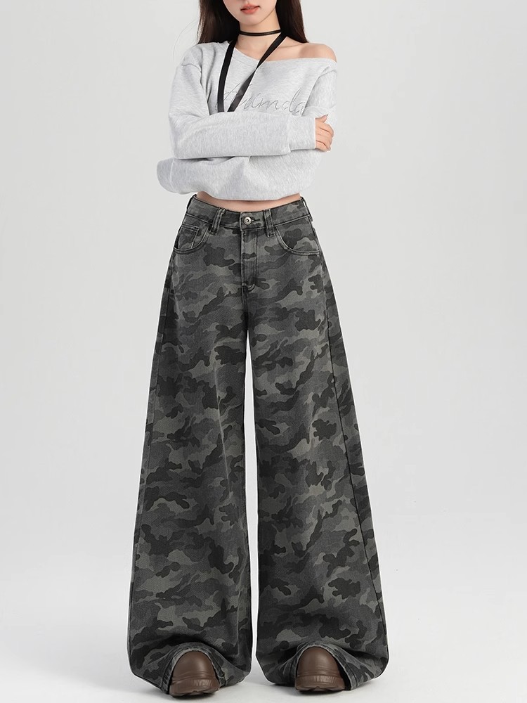 American High Street Workwear Wide-Leg Camouflage Jeans 2026 Spring and Autumn Vintage High-Waisted Loose Slimming Straight Pants