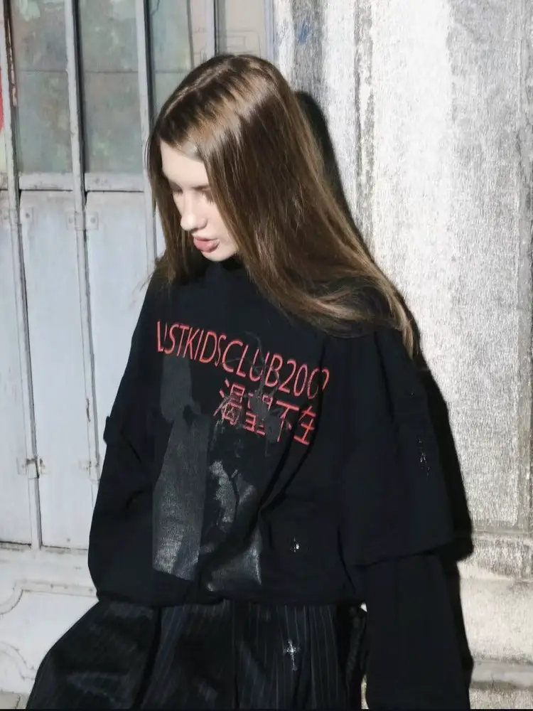 lostkidsclub2000 FW25 "MISSING" Longing for Absence Fake Two Black Portrait Long Sleeve