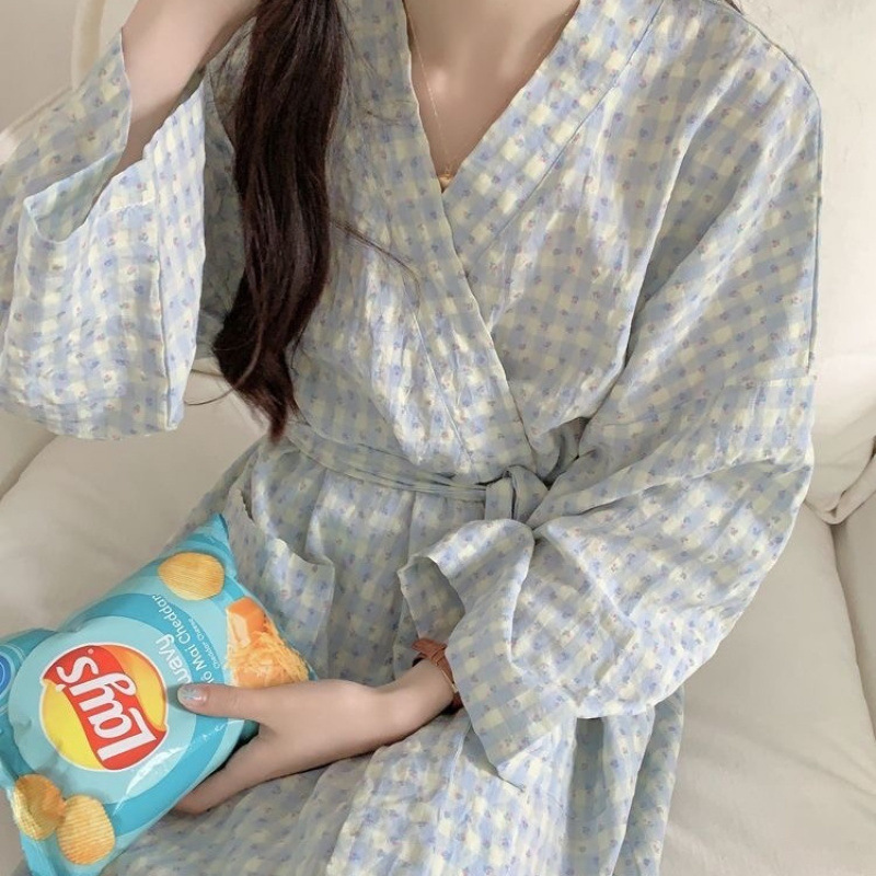 Chinese Style Spring and Autum Pajamas Women's Bathrobe Women's 2025 New Nightgown Women's Loose Long-Sleeved Breathable Long Home Clothes