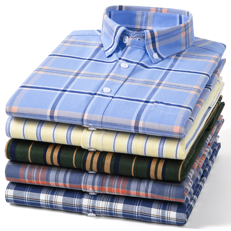 New Spring and Autumn Men's Cotton Oxford Long Sleeve Shirt Breathable Plaid Casual Shirt Fashion Single Wear Top