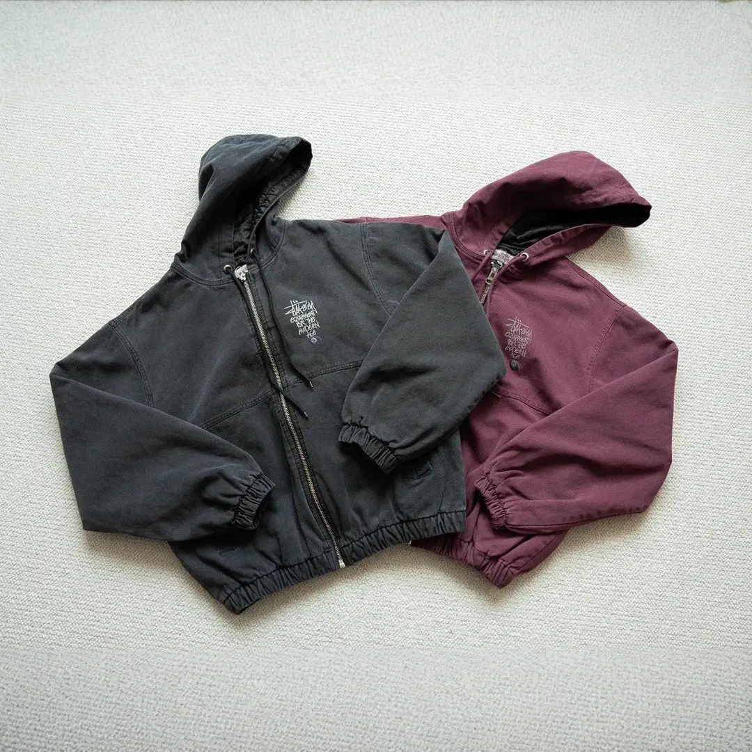 水洗做旧黑8刺绣夹克拉链棉服外套