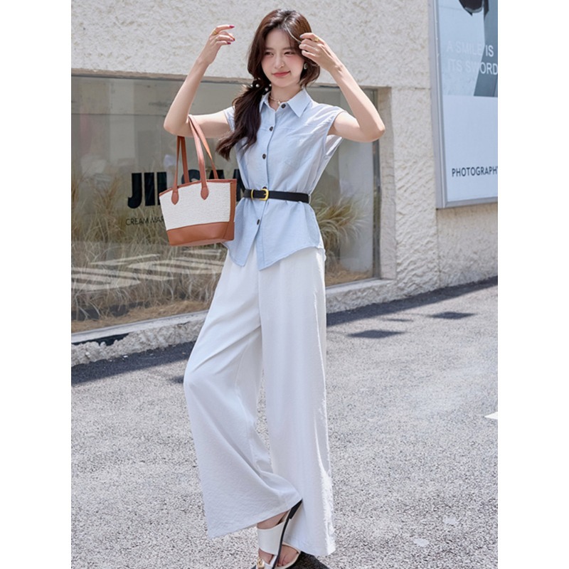 Hong Kong Style Spicy Girl Polo Collar Sleeveless Vest Shirt Women's Summer High-Waisted Wide-Leg Pants Elegant Two-Piece Set with Belt