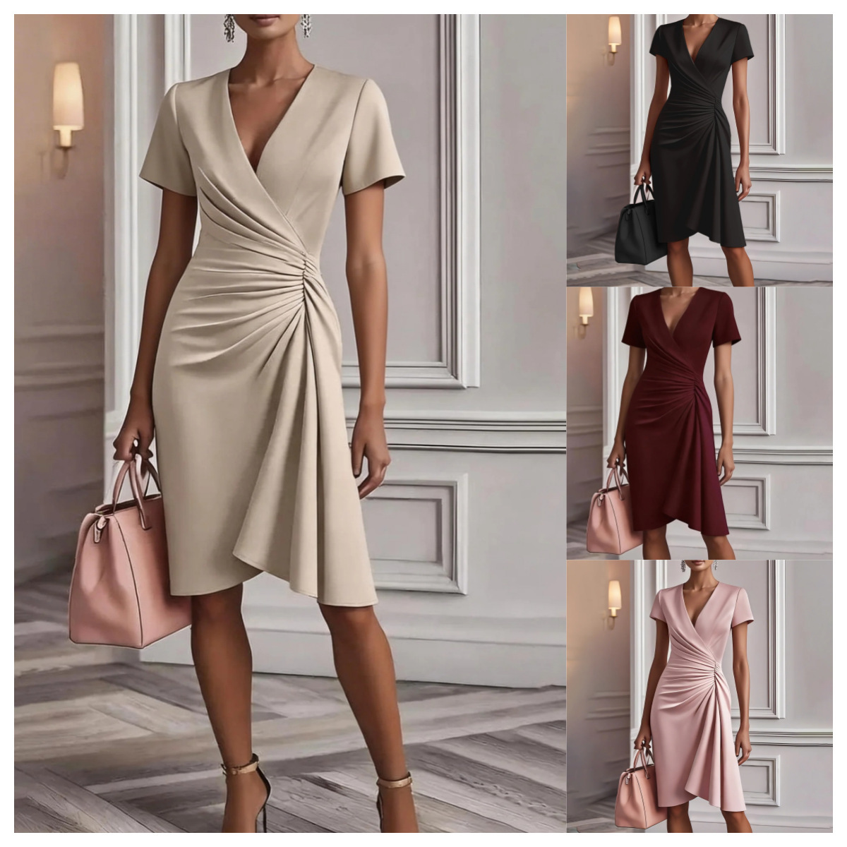 2026 European and American Cross-Border Amazon New Fashion Cross-Over V-Neck Waist-Cinching Solid Color Short-Sleeve Dress for Women