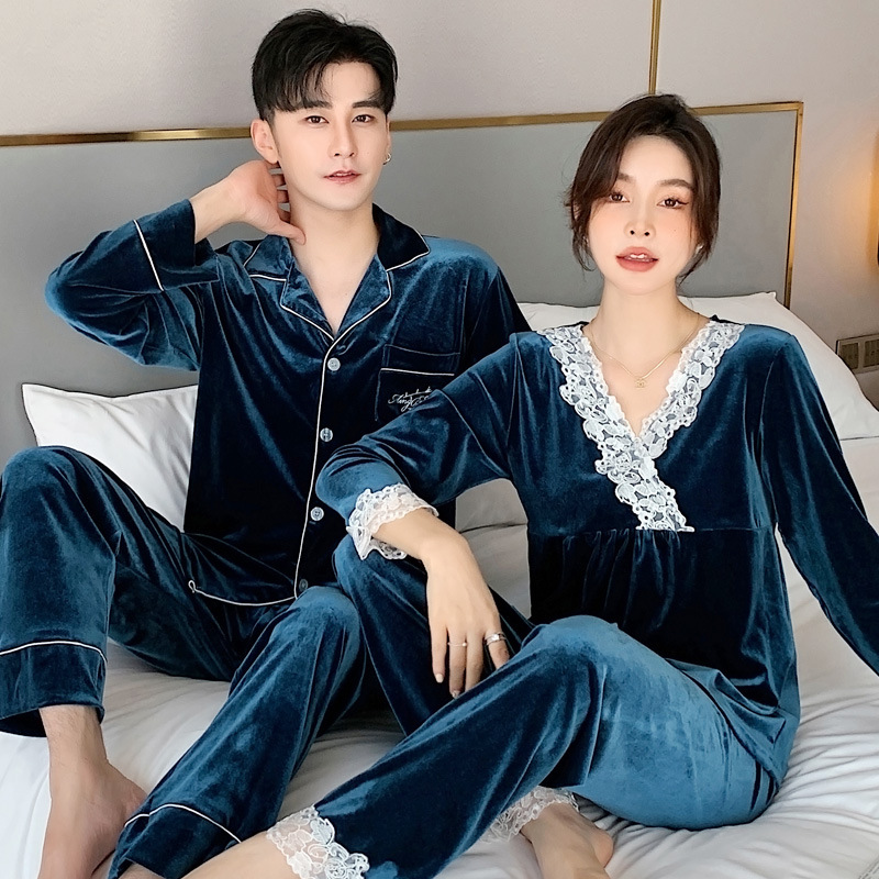 Autumn and Winter Golden Velvet Couple Pajamas Thickened Men's and Women's Long-sleeved Home Clothes Island Velvet Warm Sexy Korean Style Suit