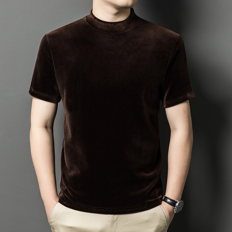 Half-high collar velvet short-sleeved T-shirt men's 2025 spring and autumn new half-sleeved middle-aged casual solid color men's base shirt