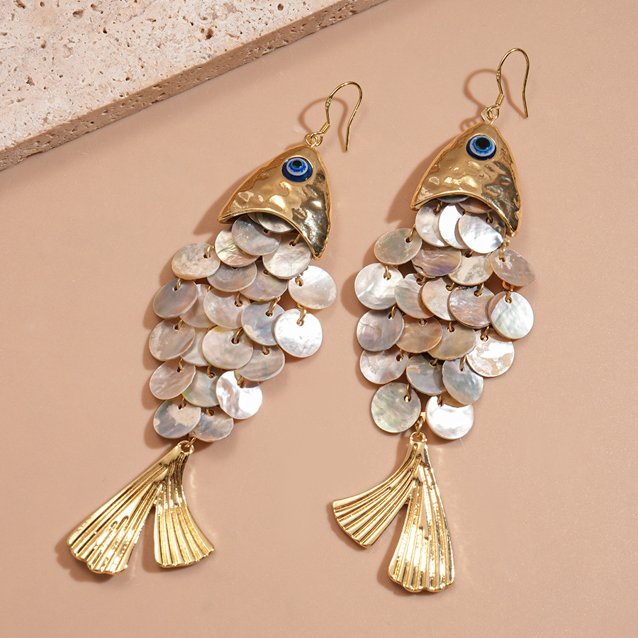 European and American Personalized Creative Fish-Shaped Shell Tassel Ear Hooks Seaside Resort Style Personalized High-End Earrings for Women